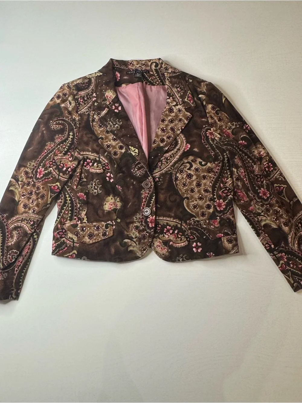 Larry Levine Brown Velvet Paisley Blazer with Pink Accents